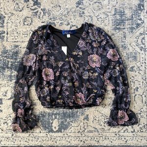 Francescas Black floral top with sheer sleeves